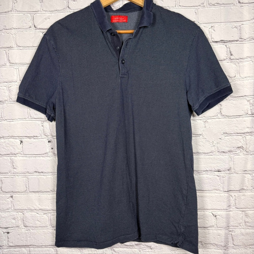 Zara Man Basic Navy Blue Micro Dot Short Sleeve Polo Shirt Mens L